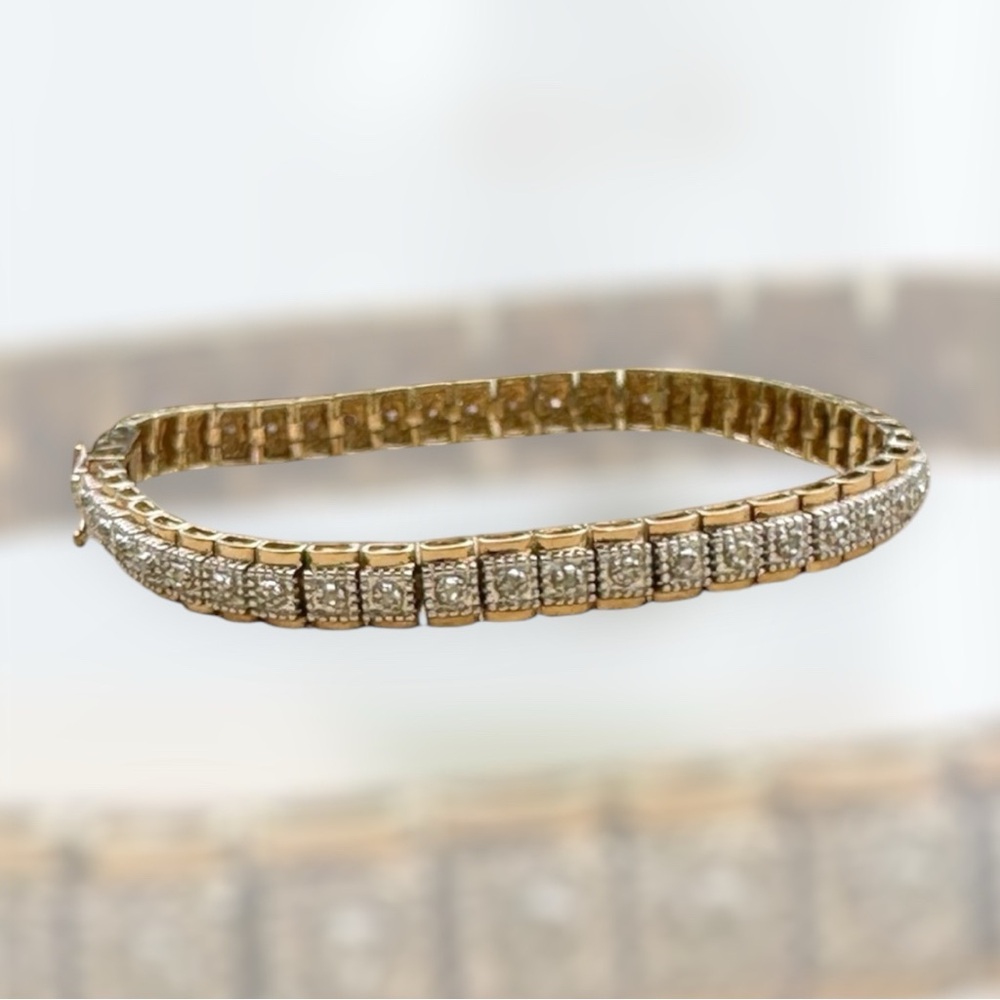Gold Vermeil Sterling Silver 925 Two Tone Diamond Square Ladies Bracelet - 7.5"